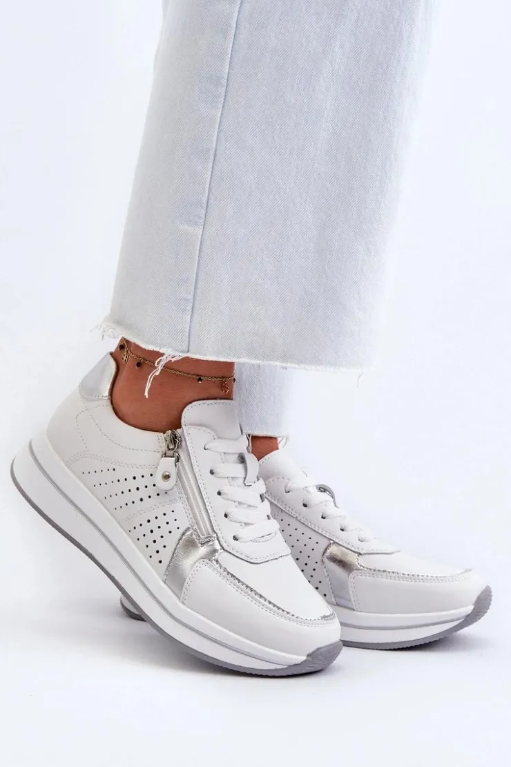 Evento Sneakersy Damskie*Damskie Skórzane Sneakersy Na Platformie Białe Ligustra Biały