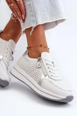 Evento Sneakersy Damskie*Damskie Skórzane Sneakersy Na Platformie Białe Ligustra Biały