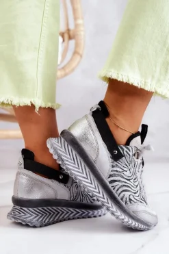 Damskie Maciejka Damskie Skórzane Sneakersy 04916-03 Szare