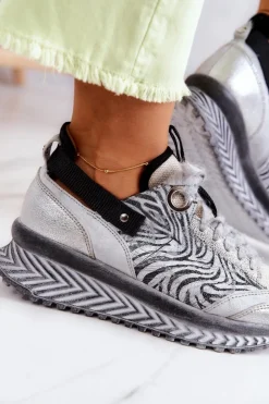 Damskie Maciejka Damskie Skórzane Sneakersy 04916-03 Szare