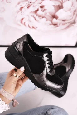 Damskie buty S.Barski Sneakersy Damskie*Damskie Skórzane Sneakersy Na Koturnie Czarne Srebrne Roxette