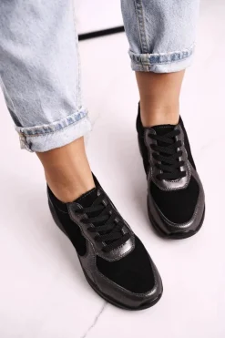 Damskie buty S.Barski Sneakersy Damskie*Damskie Skórzane Sneakersy Na Koturnie Czarne Srebrne Roxette