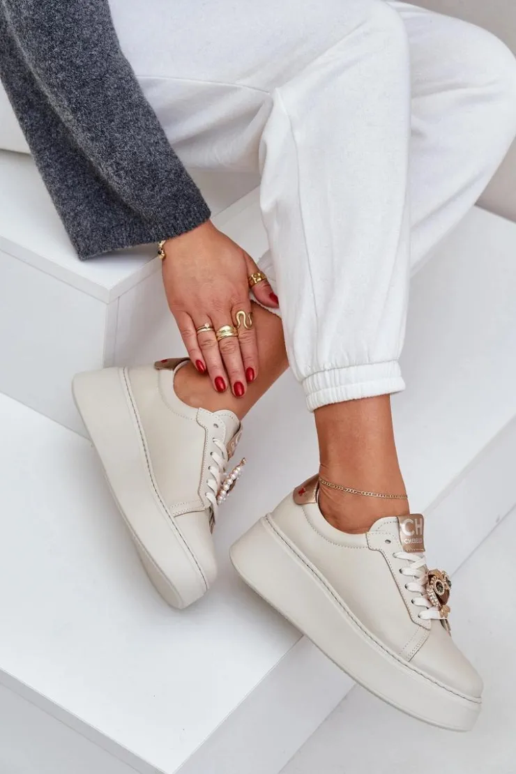 CheBello Buty Sportowe Na Platformie*Damskie Skórzane Sneakersy 4411 Jasnobeżowe Beżowy