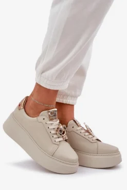 CheBello Buty Sportowe Na Platformie*Damskie Skórzane Sneakersy 4411 Jasnobeżowe Beżowy