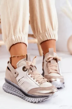 Online Maciejka Damskie Skórzane Sneakersy 04916-19 Beżowe