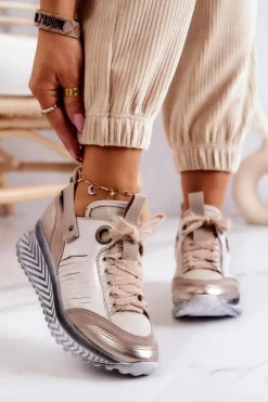 Online Maciejka Damskie Skórzane Sneakersy 04916-19 Beżowe