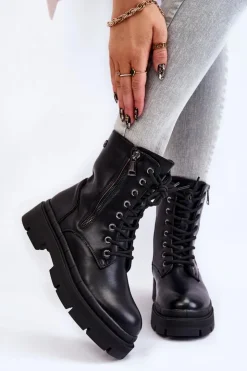 Boto Damskie Trapery|Botki Sznurowane*Damskie Skórzane Sznurowane Botki Trapery Czarne Shanna