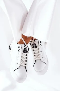 Big Star Shoes Trampki Damskie Big Star|Trampki Damskie Niskie*Damskie Skórzane Tenisówki BIG STAR II274031 Biało-Czarne