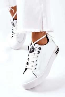 Big Star Shoes Trampki Damskie Big Star|Trampki Damskie Niskie*Damskie Skórzane Tenisówki BIG STAR II274031 Biało-Czarne