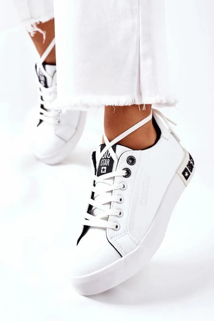 Big Star Shoes Trampki Damskie Big Star|Trampki Damskie Niskie*Damskie Skórzane Tenisówki BIG STAR II274031 Biało-Czarne