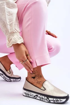 Damskie Damskie buty S.Barski Damskie Skórzane Tenisówki Slip-On Złote Ottavia