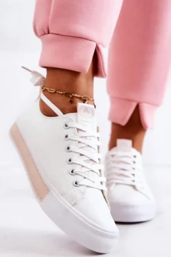 Outlet Boto Damskie Skórzane Tenisówki Biało-Beżowe Mikayla