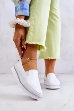 Damskie buty S.Barski Damskie Skórzane Tenisówki Slip-On S.Barski Białe