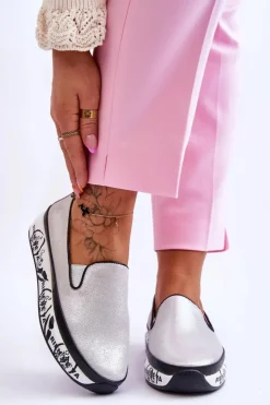 Online Damskie buty S.Barski Damskie Skórzane Tenisówki Slip-On Srebrne Ottavia