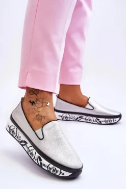 Online Damskie buty S.Barski Damskie Skórzane Tenisówki Slip-On Srebrne Ottavia