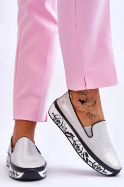 Online Damskie buty S.Barski Damskie Skórzane Tenisówki Slip-On Srebrne Ottavia