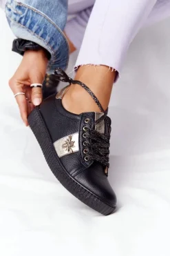 Boto Trampki Damskie Niskie*Damskie Skórzane Tenisówki Lewski Shoes 2786-0 Czarno-Złote