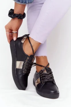 Boto Trampki Damskie Niskie*Damskie Skórzane Tenisówki Lewski Shoes 2786-0 Czarno-Złote