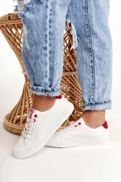 Clearance Big Star Shoes Damskie Skórzane Tenisówki BIG STAR BB274210 Biało Czerwone