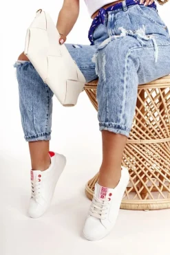 Clearance Big Star Shoes Damskie Skórzane Tenisówki BIG STAR BB274210 Biało Czerwone