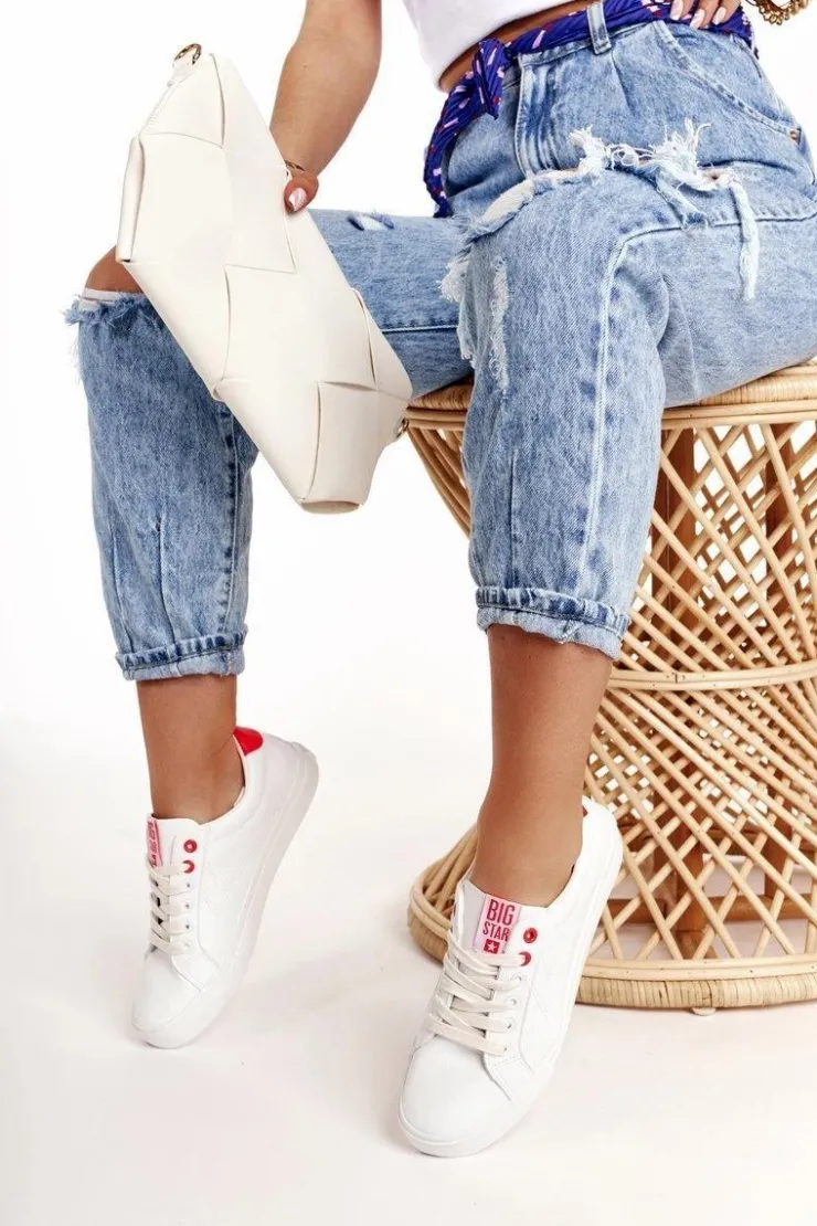 Clearance Big Star Shoes Damskie Skórzane Tenisówki BIG STAR BB274210 Biało Czerwone