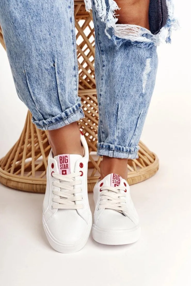 Clearance Big Star Shoes Damskie Skórzane Tenisówki BIG STAR BB274210 Biało Czerwone
