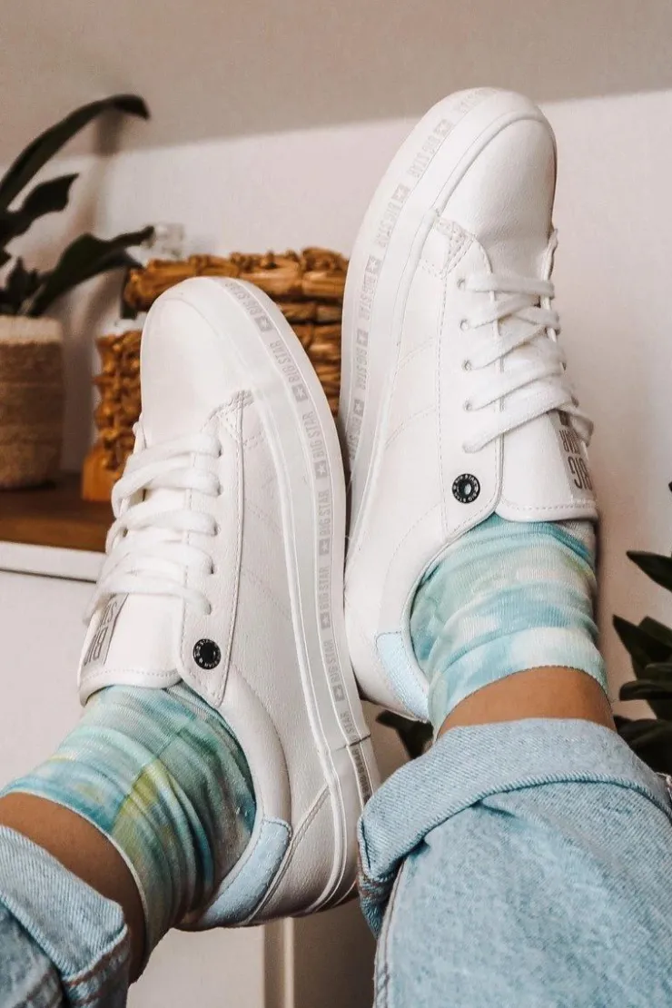 Big Star Shoes Trampki Damskie Big Star|Trampki Damskie Niskie*Damskie Skórzane Tenisówki Logowana Podeszwa Big Star GG274194 Białe