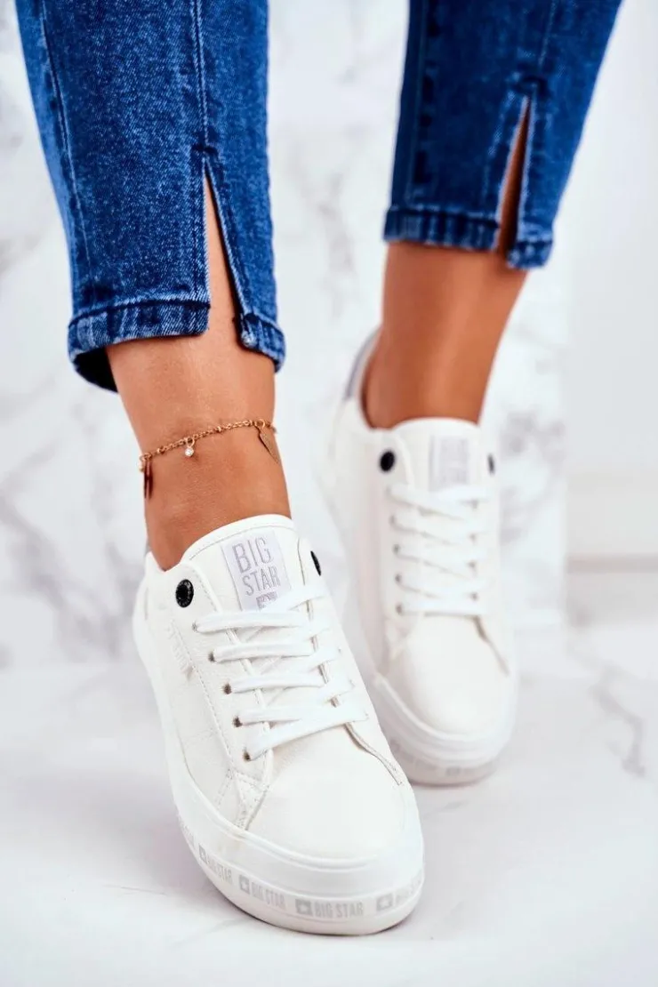 Big Star Shoes Trampki Damskie Big Star|Trampki Damskie Niskie*Damskie Skórzane Tenisówki Logowana Podeszwa Big Star GG274194 Białe