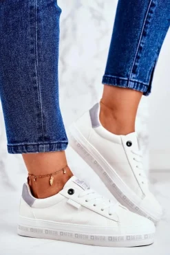 Big Star Shoes Trampki Damskie Big Star|Trampki Damskie Niskie*Damskie Skórzane Tenisówki Logowana Podeszwa Big Star GG274194 Białe