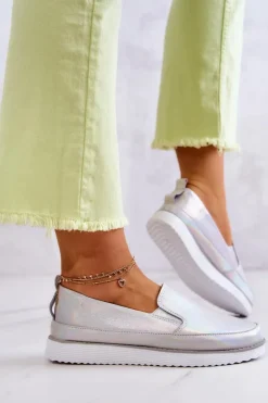 Damskie Damskie buty S.Barski Damskie Skórzane Tenisówki Slip-On S.Barski Holograficzne Srebrne