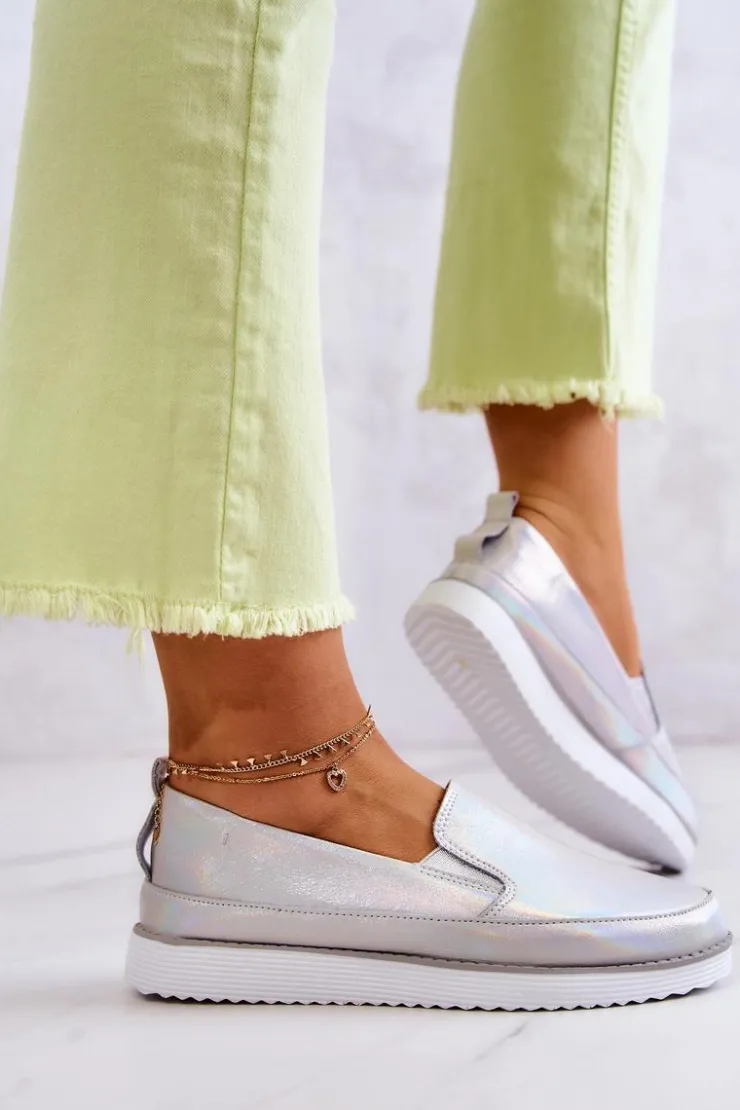 Damskie Damskie buty S.Barski Damskie Skórzane Tenisówki Slip-On S.Barski Holograficzne Srebrne