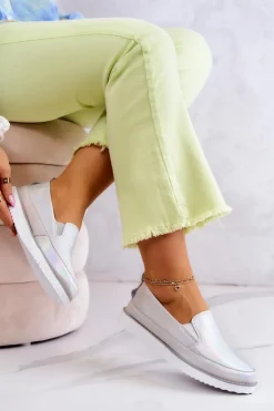 Damskie Damskie buty S.Barski Damskie Skórzane Tenisówki Slip-On S.Barski Holograficzne Srebrne