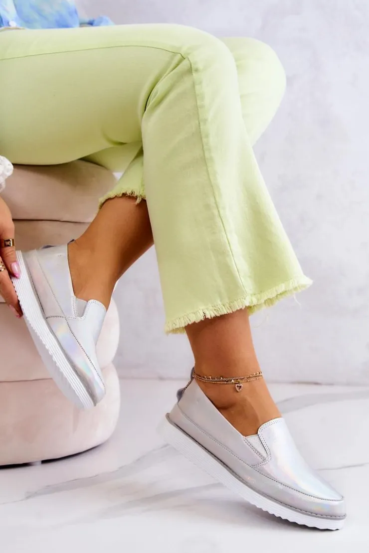 Damskie Damskie buty S.Barski Damskie Skórzane Tenisówki Slip-On S.Barski Holograficzne Srebrne