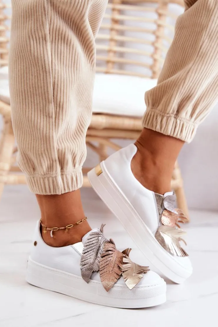 Maciejka Sneakersy Damskie*Damskie Skórzane Tenisówki Slip-On 05488-11 Białe