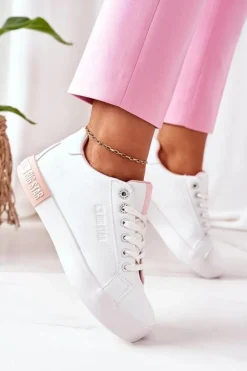 Big Star Shoes Trampki Damskie Big Star|Trampki Damskie Niskie*Damskie Skórzane Tenisówki BIG STAR II274033 Biało-Różowe