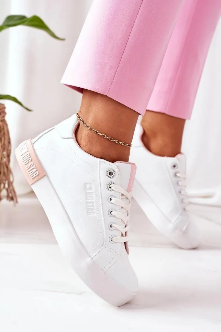 Big Star Shoes Trampki Damskie Big Star|Trampki Damskie Niskie*Damskie Skórzane Tenisówki BIG STAR II274033 Biało-Różowe