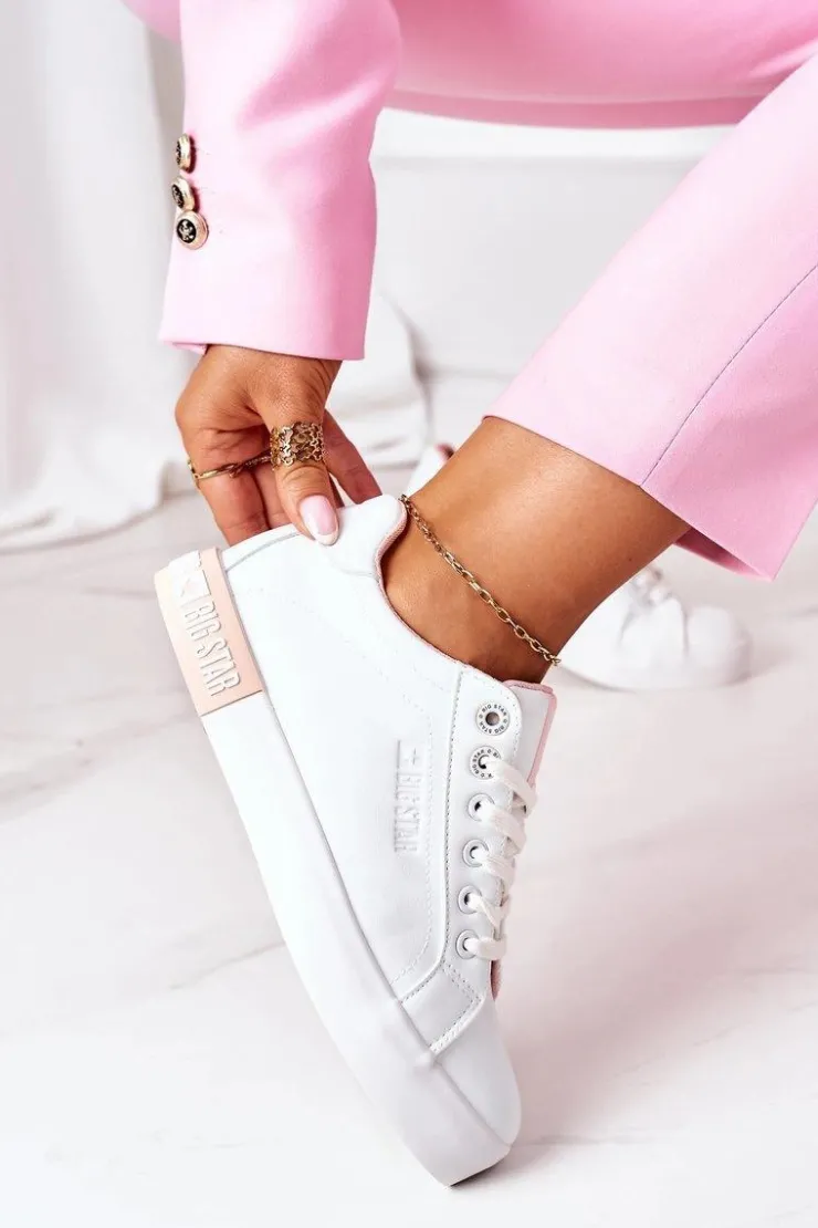 Big Star Shoes Trampki Damskie Big Star|Trampki Damskie Niskie*Damskie Skórzane Tenisówki BIG STAR II274033 Biało-Różowe