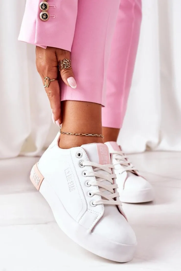 Big Star Shoes Trampki Damskie Big Star|Trampki Damskie Niskie*Damskie Skórzane Tenisówki BIG STAR II274033 Biało-Różowe