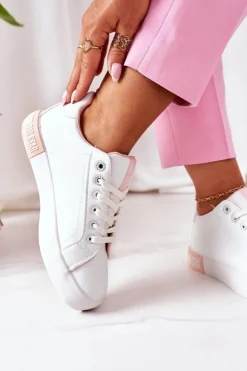 Big Star Shoes Trampki Damskie Big Star|Trampki Damskie Niskie*Damskie Skórzane Tenisówki BIG STAR II274033 Biało-Różowe