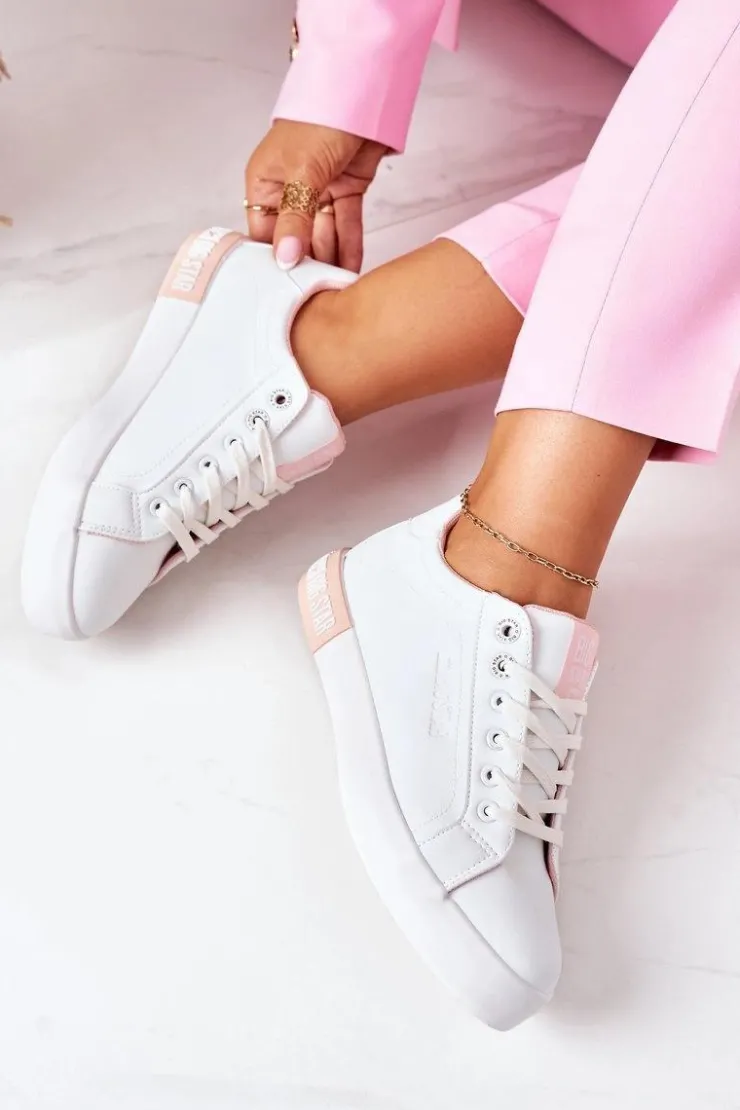 Big Star Shoes Trampki Damskie Big Star|Trampki Damskie Niskie*Damskie Skórzane Tenisówki BIG STAR II274033 Biało-Różowe