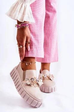 Damskie Boto Damskie Skórzane Tenisówki Slip-On Z Ozdobą Beżowe Mirana