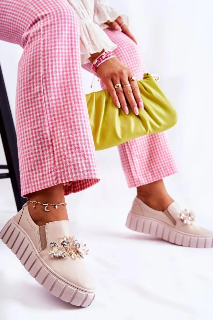 Damskie Boto Damskie Skórzane Tenisówki Slip-On Z Ozdobą Beżowe Mirana