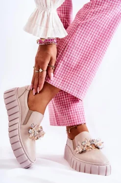 Damskie Boto Damskie Skórzane Tenisówki Slip-On Z Ozdobą Beżowe Mirana