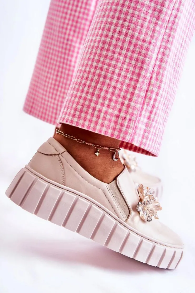 Damskie Boto Damskie Skórzane Tenisówki Slip-On Z Ozdobą Beżowe Mirana