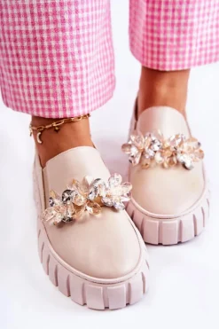 Damskie Boto Damskie Skórzane Tenisówki Slip-On Z Ozdobą Beżowe Mirana