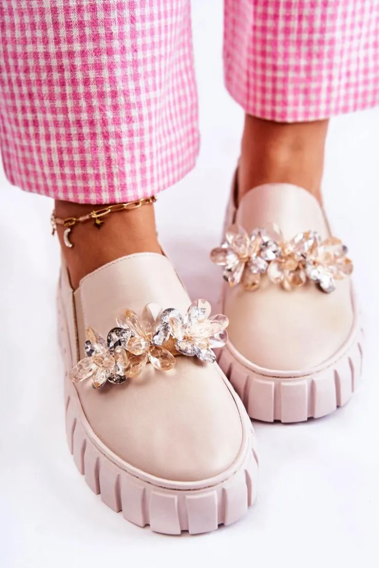 Damskie Boto Damskie Skórzane Tenisówki Slip-On Z Ozdobą Beżowe Mirana