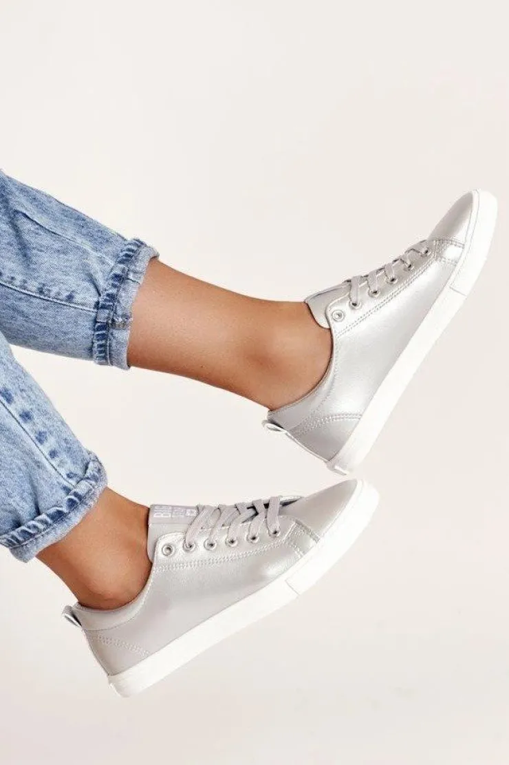 Big Star Shoes Trampki Damskie Big Star|Trampki Damskie Niskie*Damskie Skórzane Tenisówki BIG STAR HH274143 Srebrne