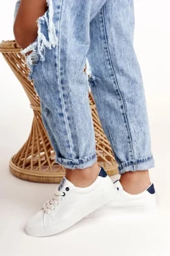 Big Star Shoes Trampki Damskie Big Star|Trampki Damskie Niskie*Damskie Skórzane Tenisówki BIG STAR BB274211 Biało Granatowe