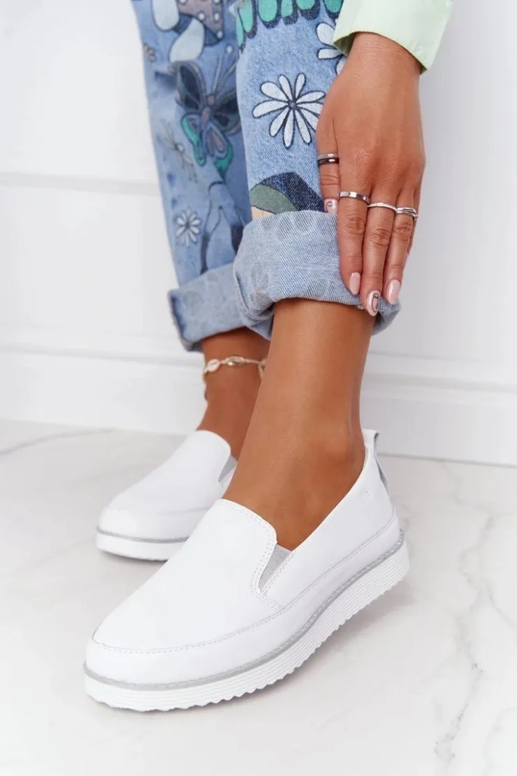 Damskie buty S.Barski Trampki Damskie Slip-On*Damskie Skórzane Tenisówki Slip-On S.Barski Białe