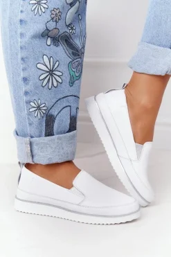 Damskie buty S.Barski Trampki Damskie Slip-On*Damskie Skórzane Tenisówki Slip-On S.Barski Białe